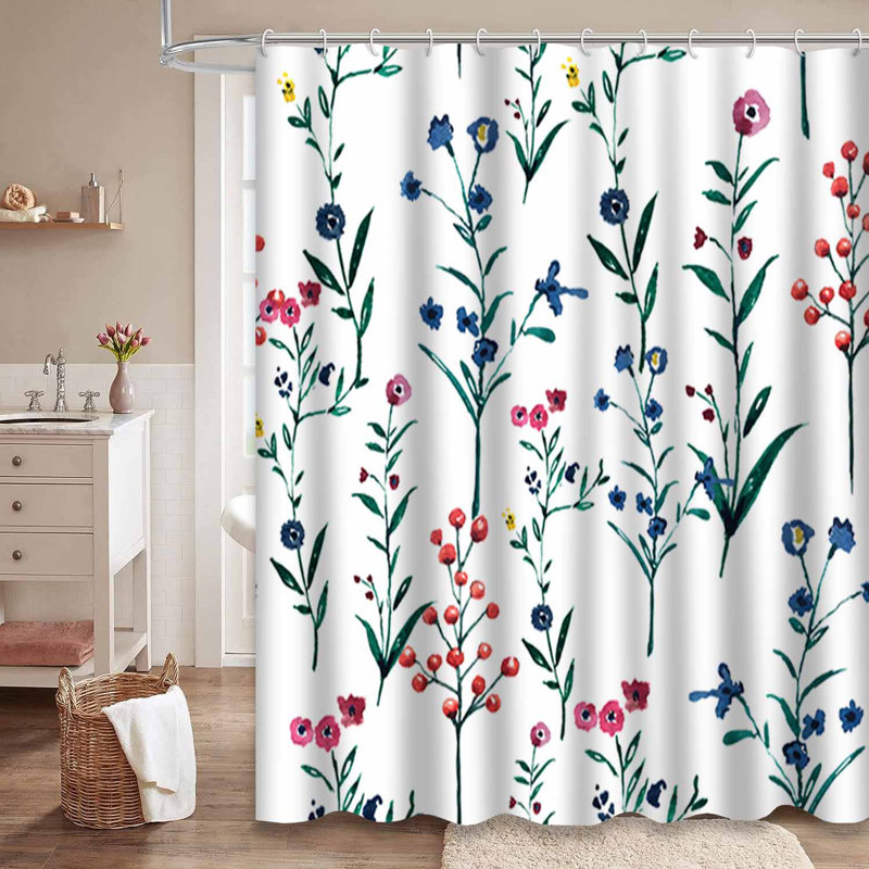 Rideau de douche abstrait avec fleurs bleues abstraites et blanc avec 12 crochets, L 72 po x l 72 po