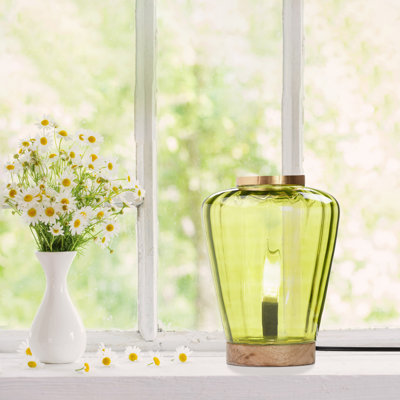 10.5" H Lila Chartreuse Green Glass Shade With A Mango Wood Block Base Accent Lamp - Winston Porter