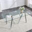 Table de salle à manger en verre trempé de 71 pouces avec panneaux en métal massif, structure résistante aux chocs, pièce visuellement claire et spacieuse, facile à nettoyer, style luxueux, support artistique stable