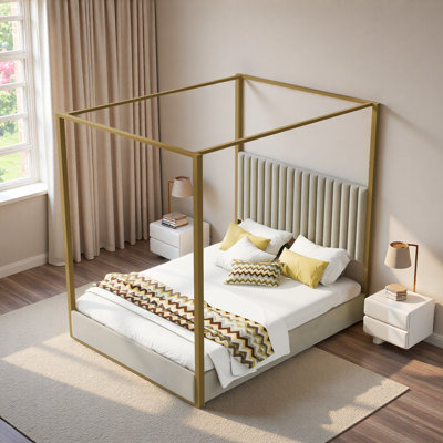 Lit plateforme à baldaquin avec tête de lit tapissier et structure en métal Upholstery