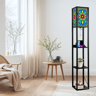 Dimmable LED Standing Floor Lamp Stained Glass Print Abstract Flowers Leaves Mosaic Art, MDF Frame Floor Lamp with Remote Control, 3 Color Light, for Living Room Bedroom