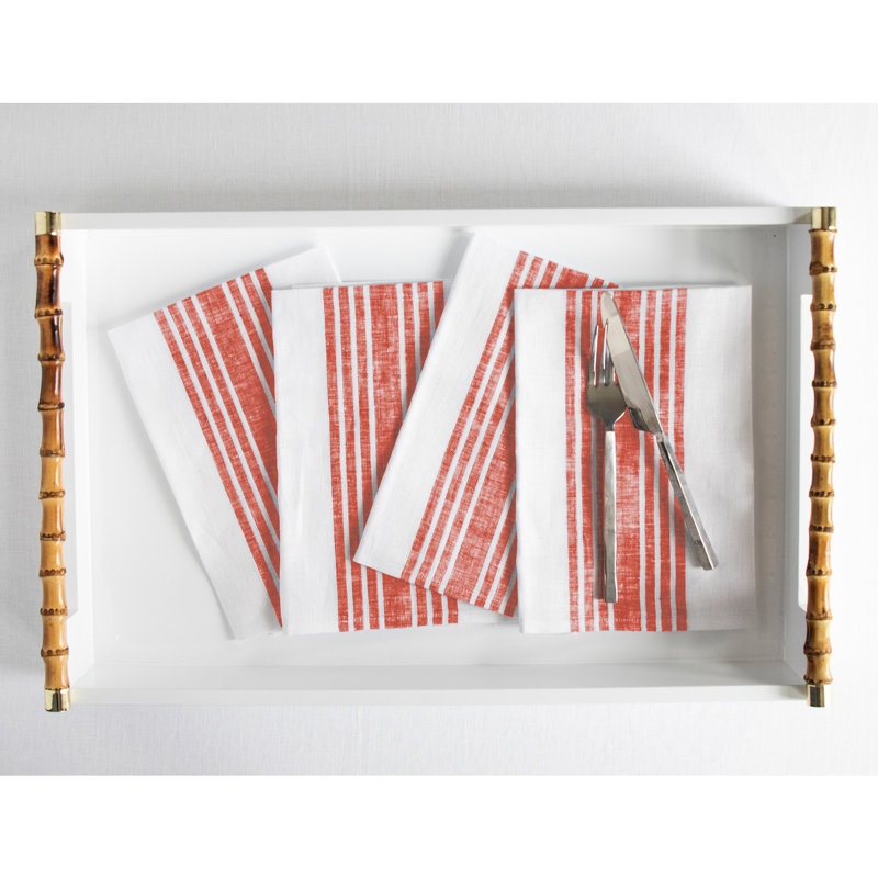 Farmhouse - 100% Pure Linen Dinner Napkins, Red and White