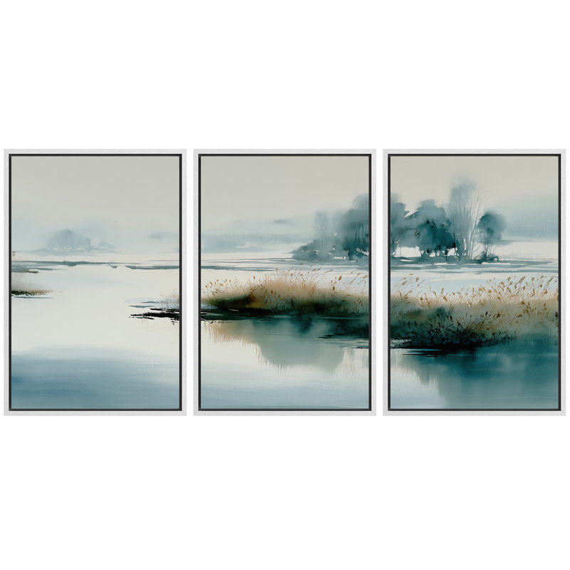 Paysage serein de marais bleu, tableau encadré, impression giclée sur toile, 3 pièces, décoration murale pour le salon