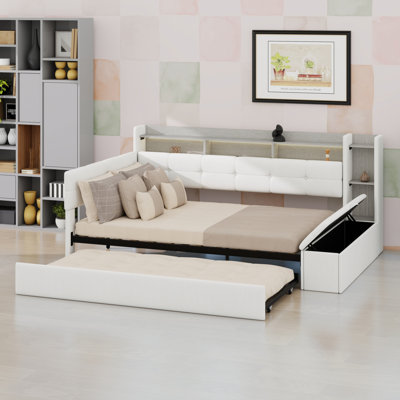 Upholstered Daybed with Storage Footstool, Shelving, Trundle, USB Charging and LED Light Feature