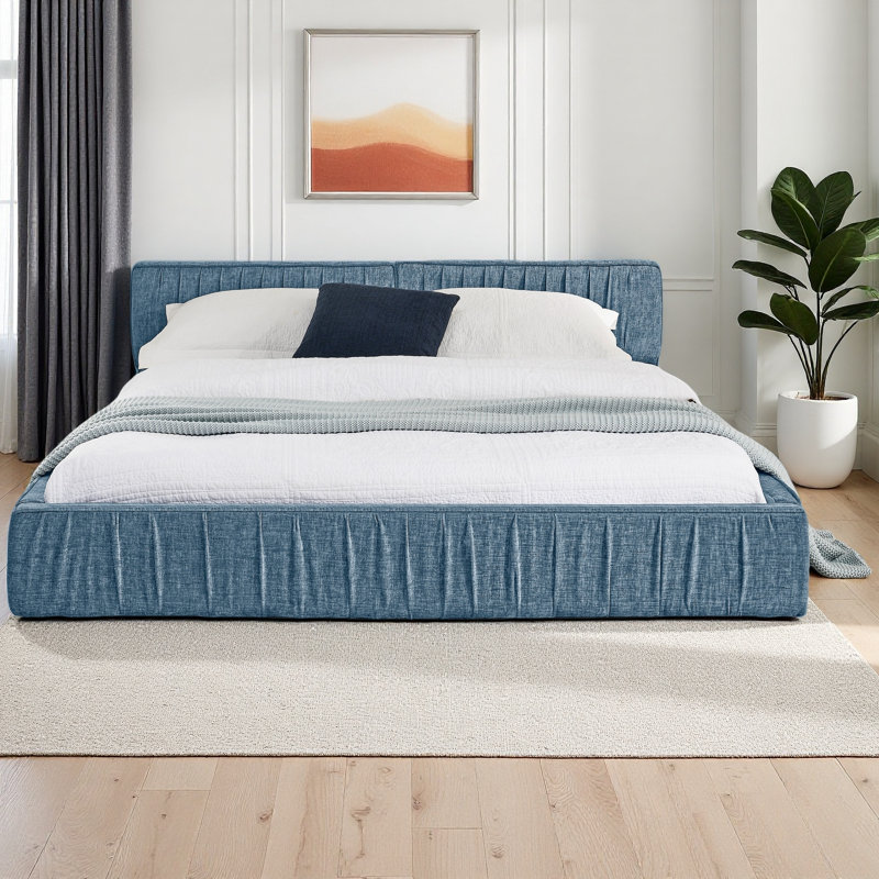 Queen Size Upholstered Bed Frame, Dark Blue