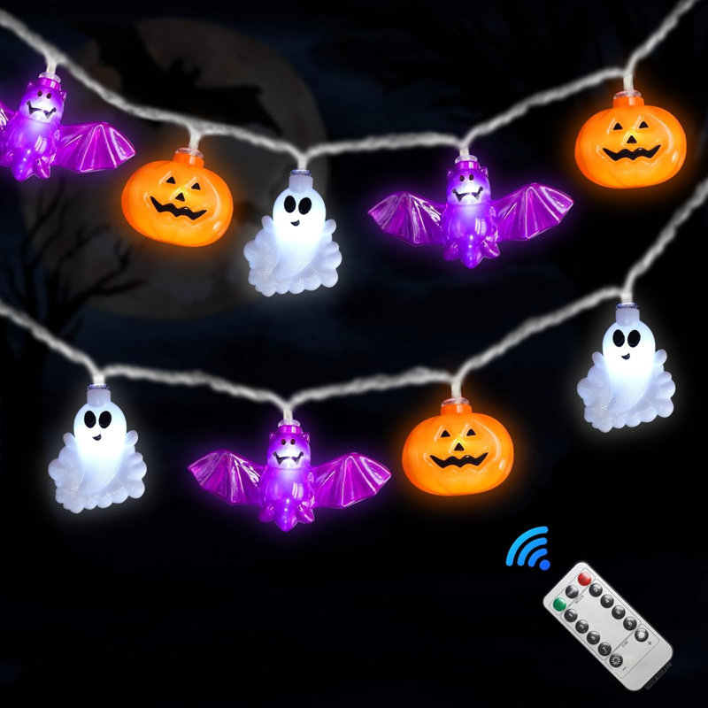 Décorations lumineuses d'Halloween, guirlande de 5 m (16,4 pi) avec 30 DEL, fonctionne sur piles, minuterie, télécommande, 8 modes, étanche, citrouille, chauve-souris et fantôme lumineux 3D pour la décoration intérieure et extérieure des fenêtres, porches et fêtes à la maison.