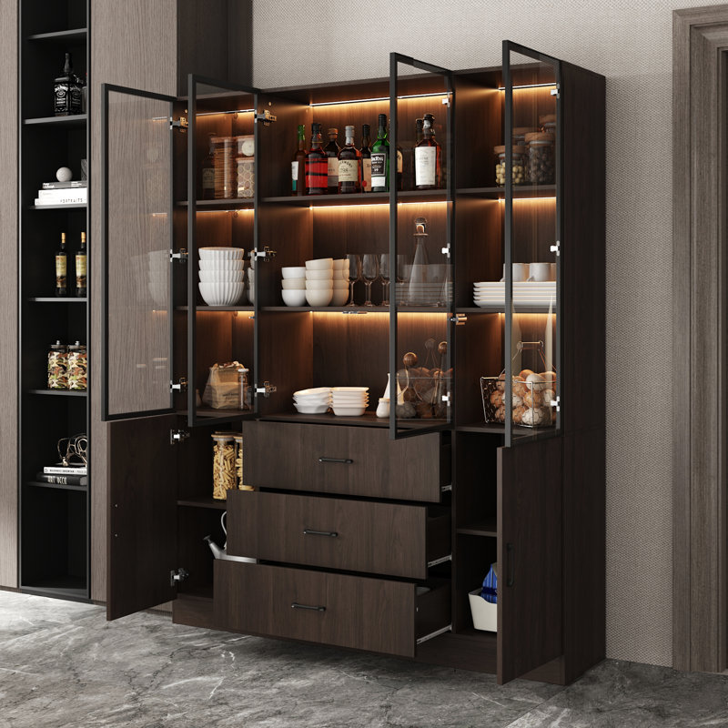 Carlos Modern MDF And Aluminum Frame Bookcase With 4 Tempered Glass Doors, 3-Color LED Lighting, And 3 Large Storage Drawers