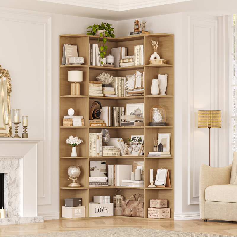 73.9" Hcorner Bookcase 6 Tier L-Shaped Bookshelf, Brown