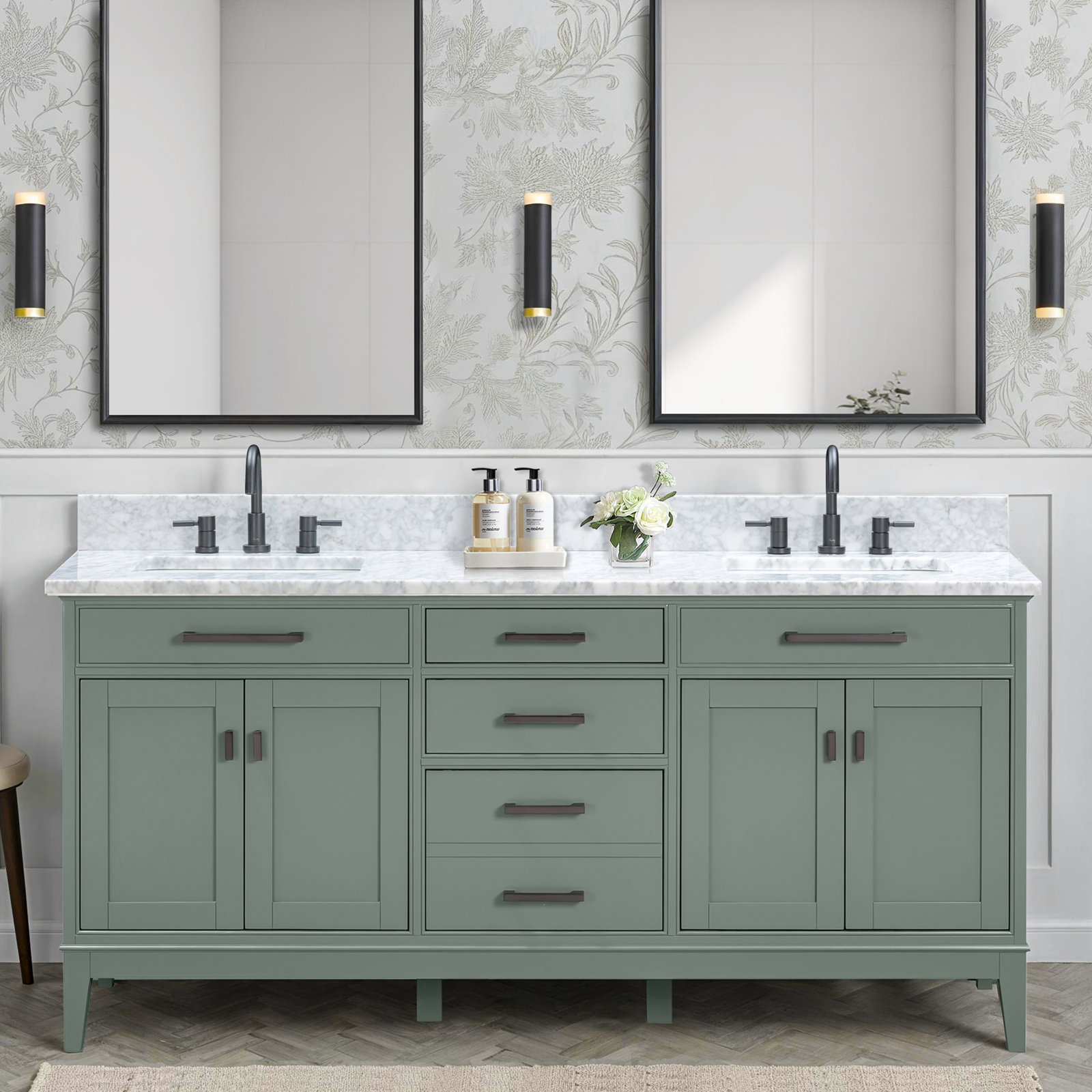 72" Carrara Marble Double Bathroom Vanity, Smoke Green, 72", Carrera White