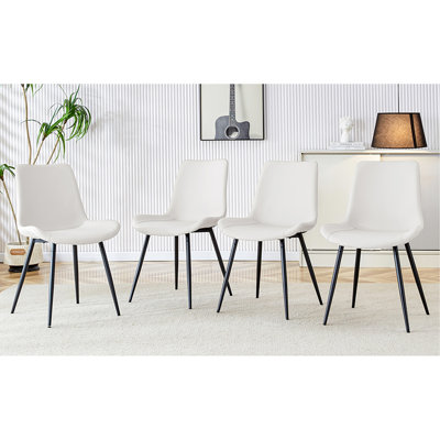 Chaise de salle à manger blanche avec coussin de dossier en cuir artificiel, pieds en métal noir, conception de coussin incurvé élargi pour plus de confort, convient aux restaurants, cuisines, chambres à coucher, bureaux. (4 chaises)