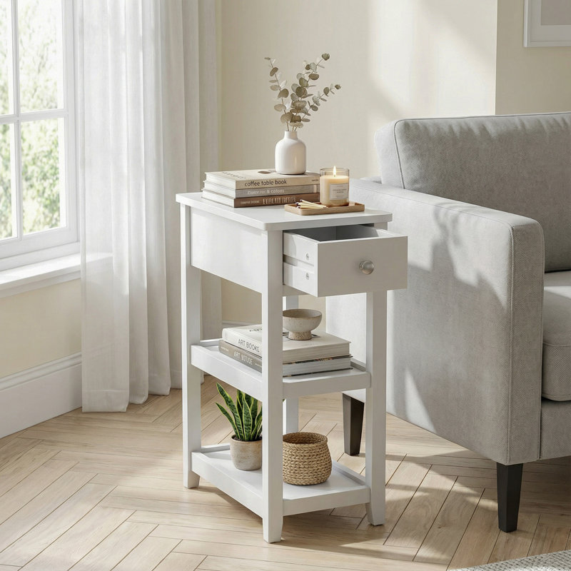 24'' Tall End Table, Narrow Side Table with Drawer and Shelves for Small Space, White, 1