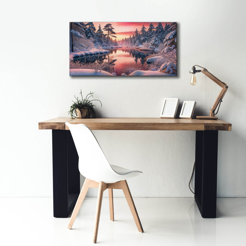 «Winter Forest Lake Sunrise» par Rey Klimt, art mural, H 20 po x l 40 po