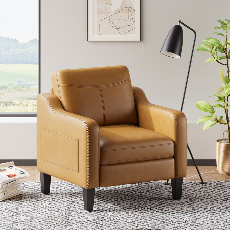 Mid-Century Accent Chair, Solid Wood Frame, Removable Cushions, Living Room Armchair, Brown, Faux Leather
