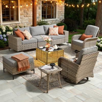 Ensemble de mobilier de patio pour 6 personnes avec assemblage à bascule pivotant, ensemble de conversation modulaire en rotin et osier avec coussins, ensemble de conversation toutes saisons pour jardin