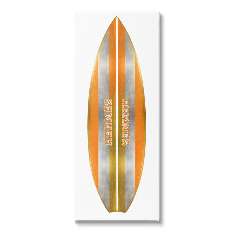 «Orange Glam Stripes Chic Designer Surfboard» par Madeline Blake - impression, L 10 po x H 10 po, Giclée encadrée noir minuit