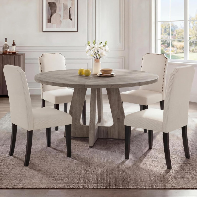 3-Piece 47.24" Round Dining Table Set with 2 Upholstered Dining Chairs, Space-Saving Kitchen Table for 4-6, Compact Dinette Set for Apartment, Living Room, Small Space, Dining Room