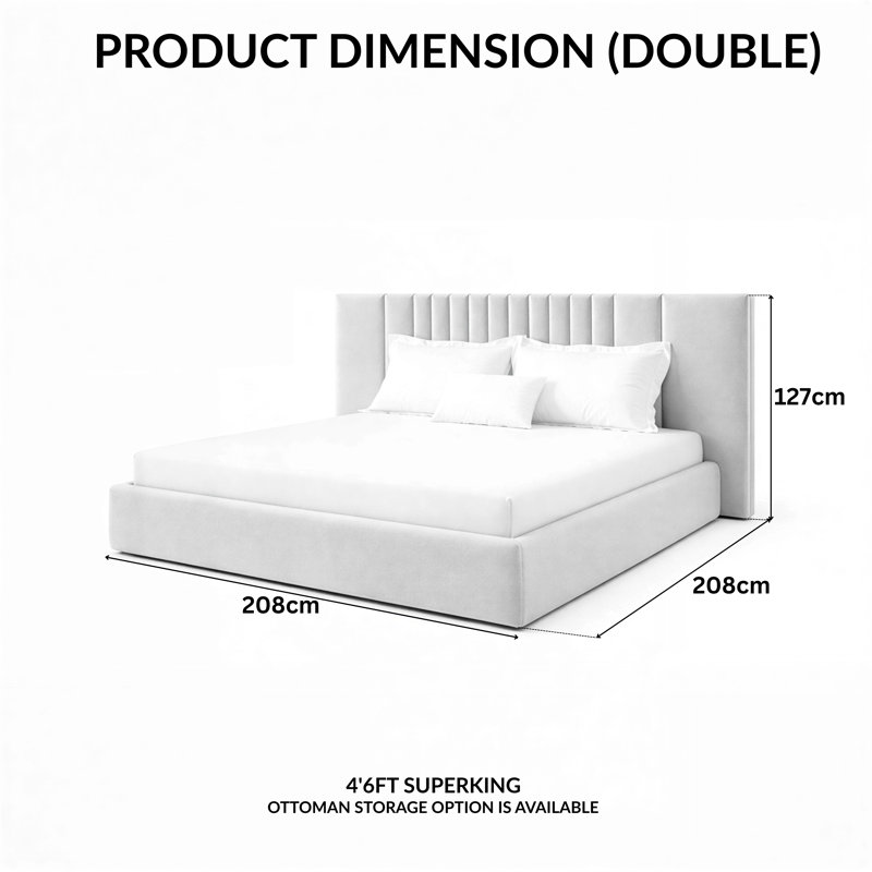 Upholstered Bed, Double (145 x 208 cm), Grey