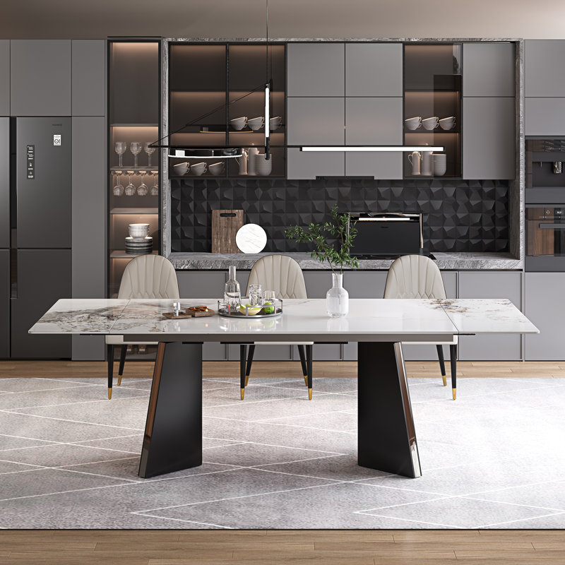 Glam Modern 63'' To 94.5” Extendable Dining Table With Sintered Stone Tabletop And Steel Base For 6-10, Chanel
