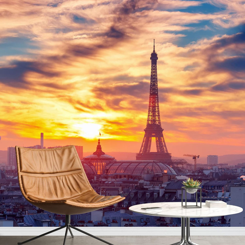 Vibrant coucher de soleil, Tour Eiffel, Paris, paysage urbain, photographie, bâtiments de la ville, papier peint, peintures murales