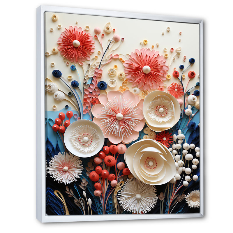 Fleurs de corail abstraites rouges et blanches - reproduction sur toile, Cadre flottant blanc, H 32 po x l 16 po x P 1 po
