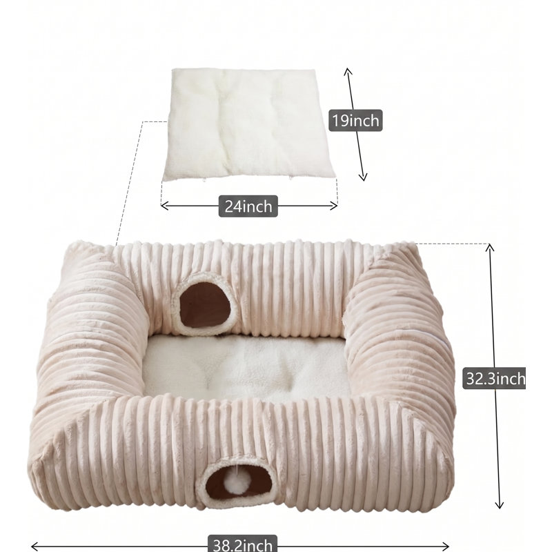 Grand lit tunnel pour chat à 4 voies, grotte pour chat avec un tapis rectangulaire chaud, cachette multifonctionnelle pour chatons, chiots, lapins, furets