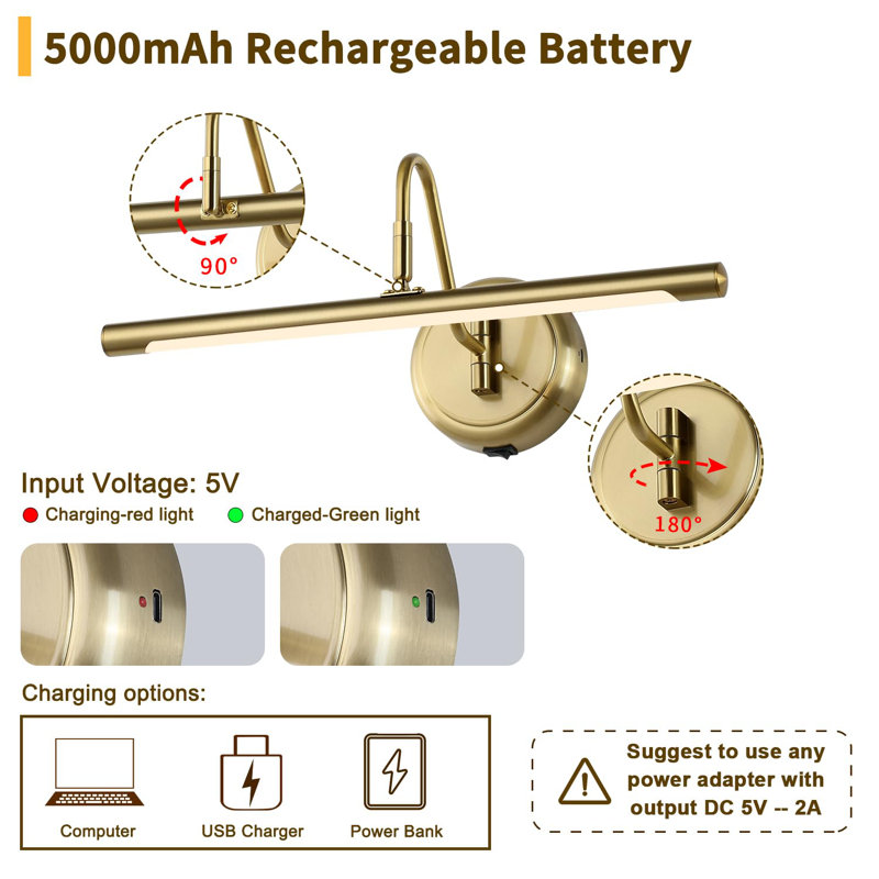 16.5" Gold Brass Battery-Operated Dimmable Wall Light with Swing Arm