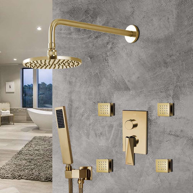 Bravat 3 Way Concealed Shower Mixer Set with Wall Mount Thermostatic Valve System, Brushed Gold