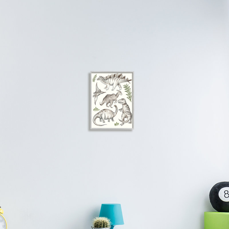 Dinosaures gris ludiques, plantes vertes minimes, H 30 po x l 24 po, Estampe numérique Farmhouse