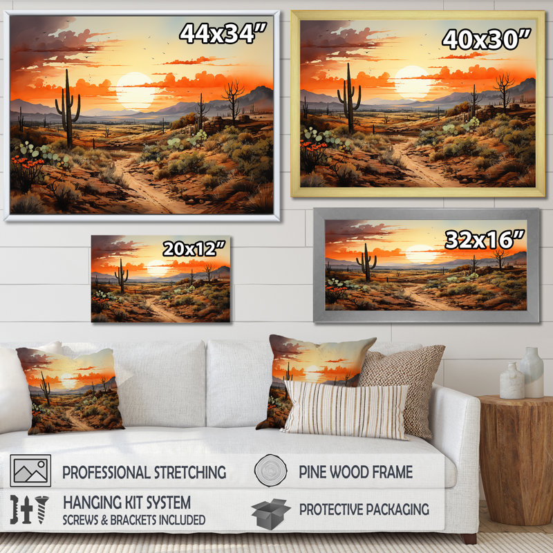 Silhouette orange, Cactus, lever de soleil - Cactus, art mural, H 24 po x l 32 po x P 1 po, Cadre flottant noir