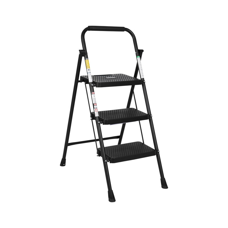 Escabeau robuste à 3 marches, capacité de 363 kg, pliable, certifié ANSI, marches antidérapantes, rampe solide, conception légère et portable en acier pour la maison, le bureau et les commerces, noir