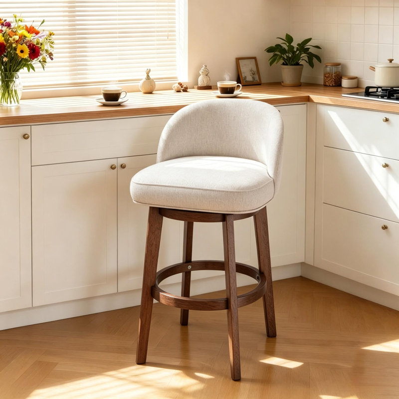 Tabouret de comptoir pivotant H 26 po Martina Modern avec pieds en bois massif (ensemble de 4), Khaki/Linen, 4