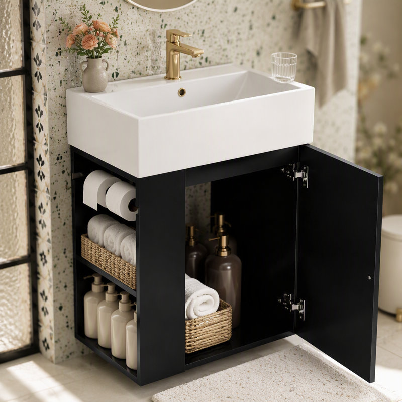 Meuble-lavabo de 20 po avec lavabo en céramique, porte à motif de losanges, poignée dorée et tablettes de rangement latérales - petit meuble moderne avec barre à serviettes, fabrication en panneau de fibres à densité moyenne, assemblage requis