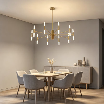 Mid Century Modern Chandelier, 20-Light Sputnik Flush Mount Ceiling Light, Brass Gold Chandelier with Adjustable Height for High and Low Ceilings, Vintage Lighting Fixture for Living Room Dining Room