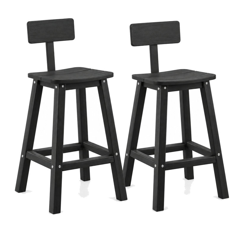 Ensemble de 2 tabourets de bar avec dossier, 74 cm (29 pouces), idéal pour îlot de cuisine ou bar, aspect bois texturé noir, siège et repose-pieds incurvés, gain de place pour l'intérieur et l'extérieur.