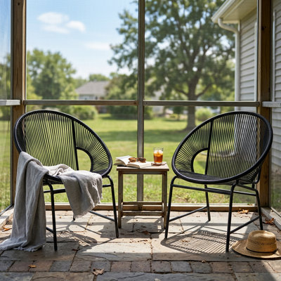 Chaise d'extérieur en osier de patio en rotin PE noir et structure en fer, ensemble de 2