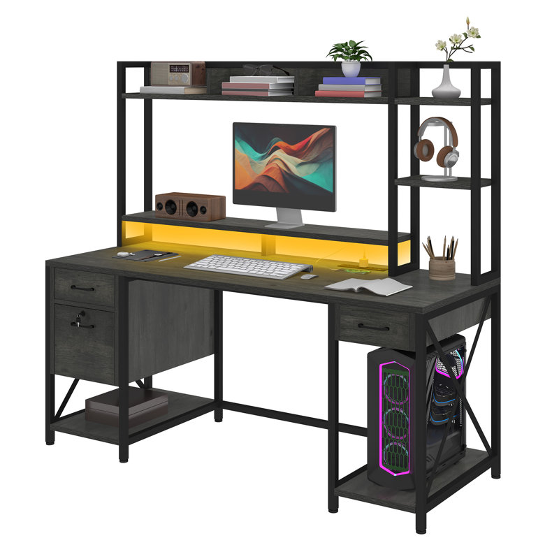  59" Computer Desk With Storage Hutch, LED Lights & Power Outlets, Home Office Desk With Lockable Drawers & Monitor Stand