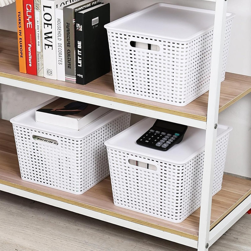 Set Of 6 Large Stackable Plastic Storage Baskets With Lids, White Lidded Storage Bins For Shelves, Closets, Or Pantry