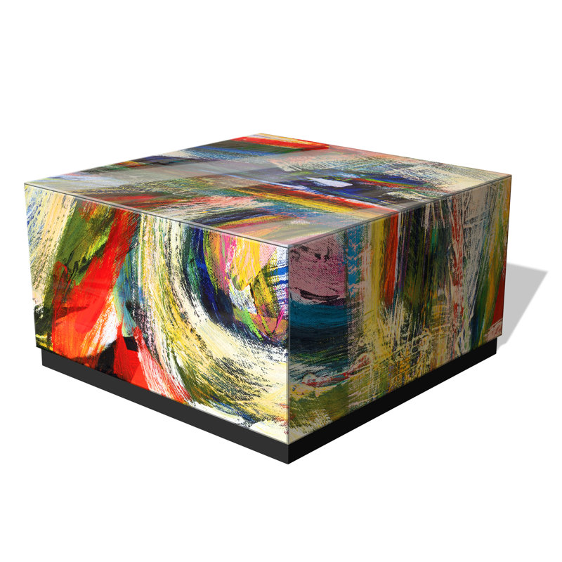 Reverse Printed Beveled Art Glass Cocktail Table Single Coffee Table