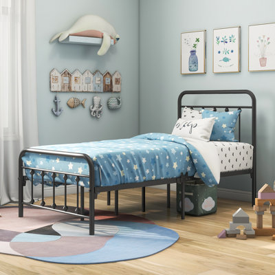 Lit plateforme simple en métal noir avec tête de lit rétro, sommier sans sommier, solide et silencieux, cadre de gestion facile à ranger, tête de lit incluse, nécessaire, confortable pour se détendre, espace de 12,4 po