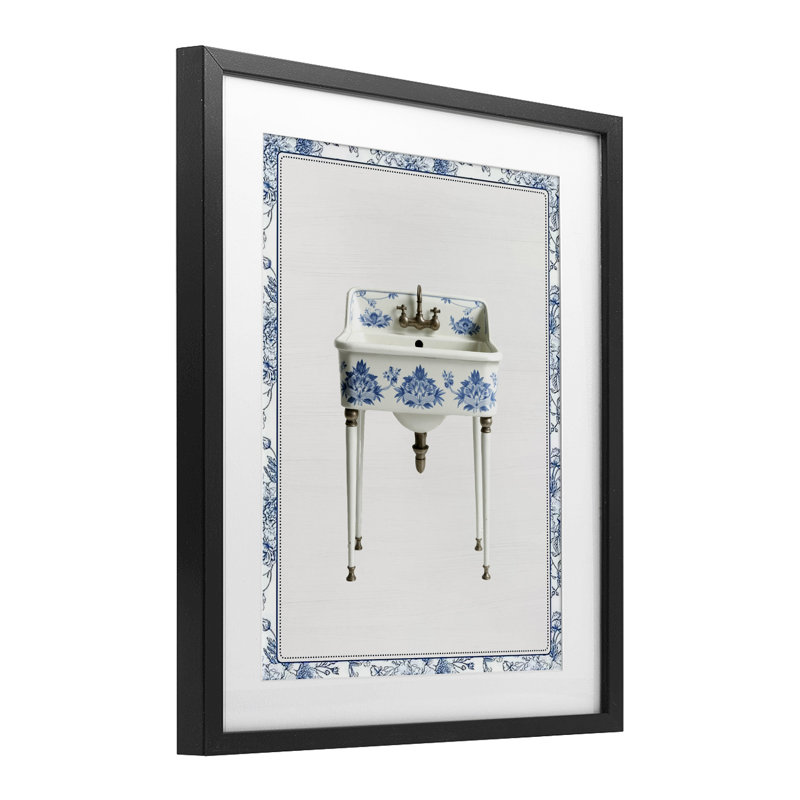 Lavabo rétro chinoiserie, impression sous verre encadrée, H 16 po x l 13 po, Cadre noir minuit