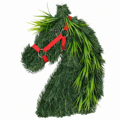 Couronne de 15,74 pouces avec tête de cheval et harnais rouge pour décor de porte de Noël