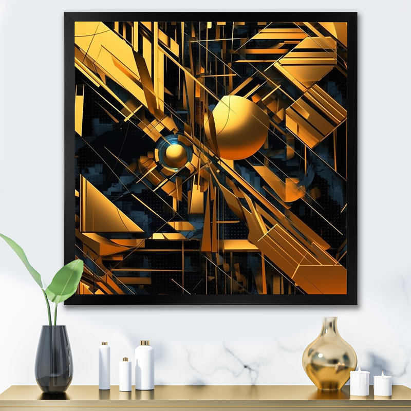«Sharp Gold and Black Geometric Wonders III», reproduction sur toile encadrée, Cadre simple noir, H 16 po x l 16 po x P 1 po