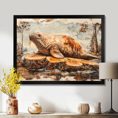 Morse canadien sur un plateau en bois I - Art mural de morse pour le salon