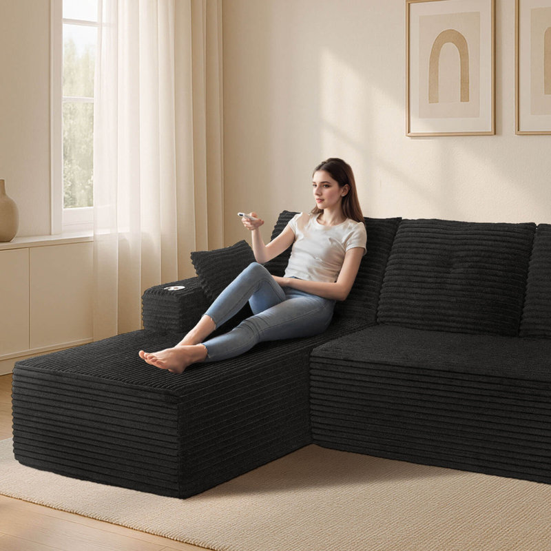 No Assembly Required Plush Corduroy Sofa, 2-Piece Sleeper Sofa with L-Shape Chaise, Black Plush Corduroy, Left Hand Facing