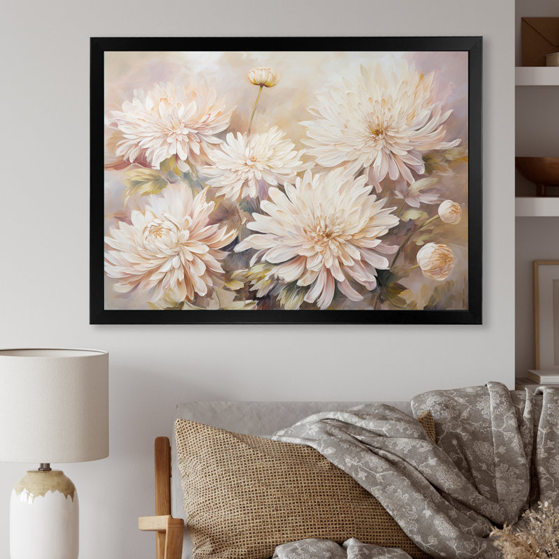 " Beige Chrysanthemums Bloom ", 16" H x 32" W x 1" D, Black Single Picture Framed