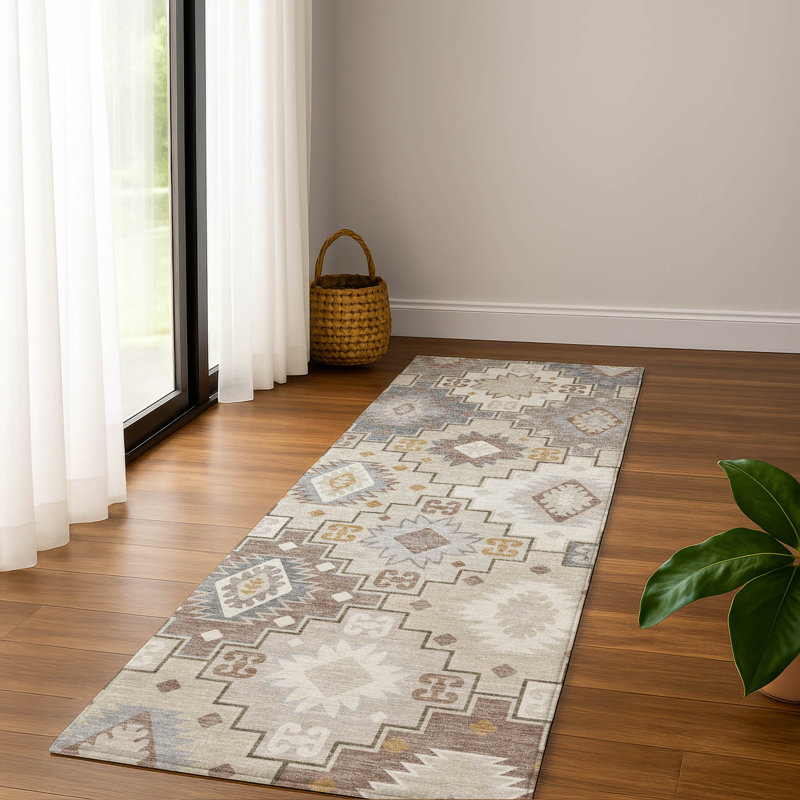 Premium Machine Washable Mayfield  Ethnic Rug, 2'3" x 7'6" Runner, Ivory