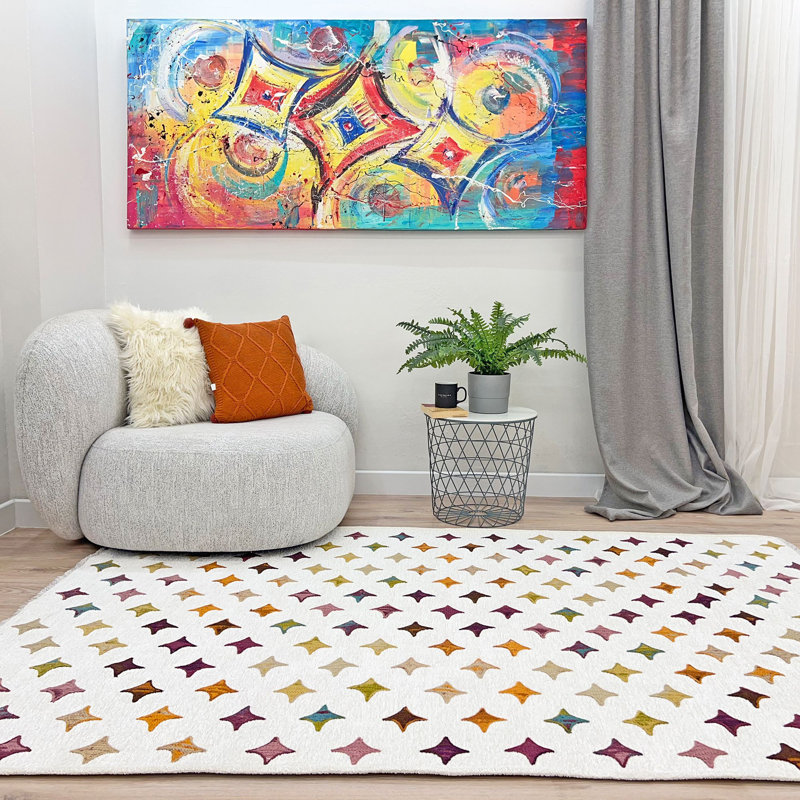 Alfa Rich Arushi Diamond Star White Cream Washable Cotton Area Rugs for Living Room Bedroom Kitchen, Rectangle 5'1" x 7'5"