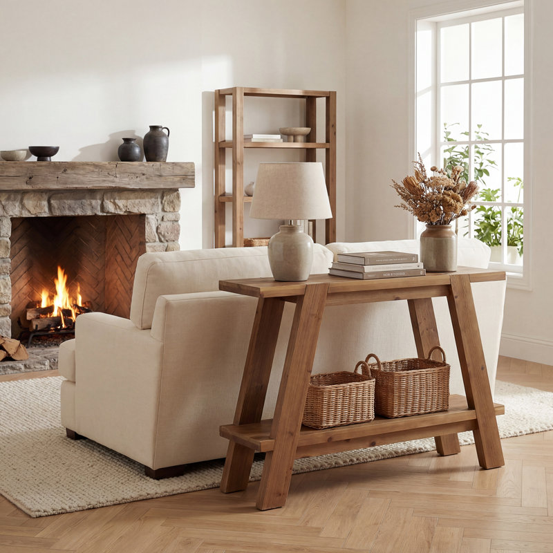 43.3-Inch Solid Wood Console Table, 2-Tier Farmhouse Entryway Table with Storage for Foyer