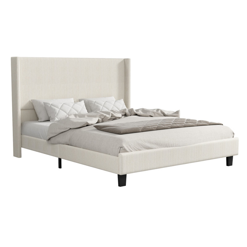Schauer Corduroy Upholstered Wingback Bed, Metal Frame , Plywood Slats, No Box Spring, Cream, Full / Double