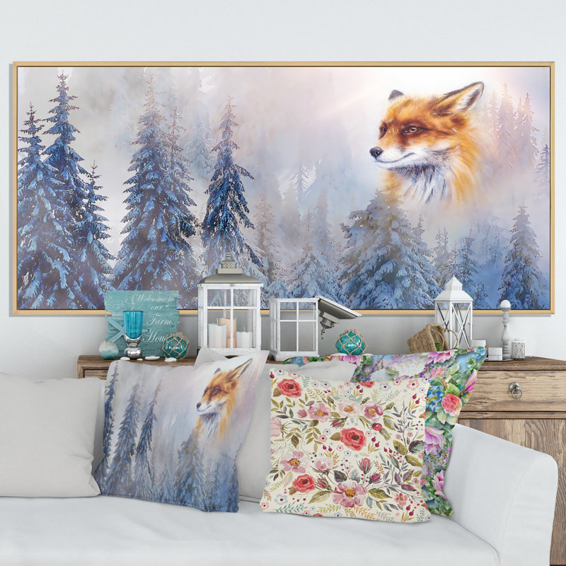 «Mountain Snowy Landscape Fox», impression sur toile, H 8 po x l 12 po x P 1 po, Cadre brun